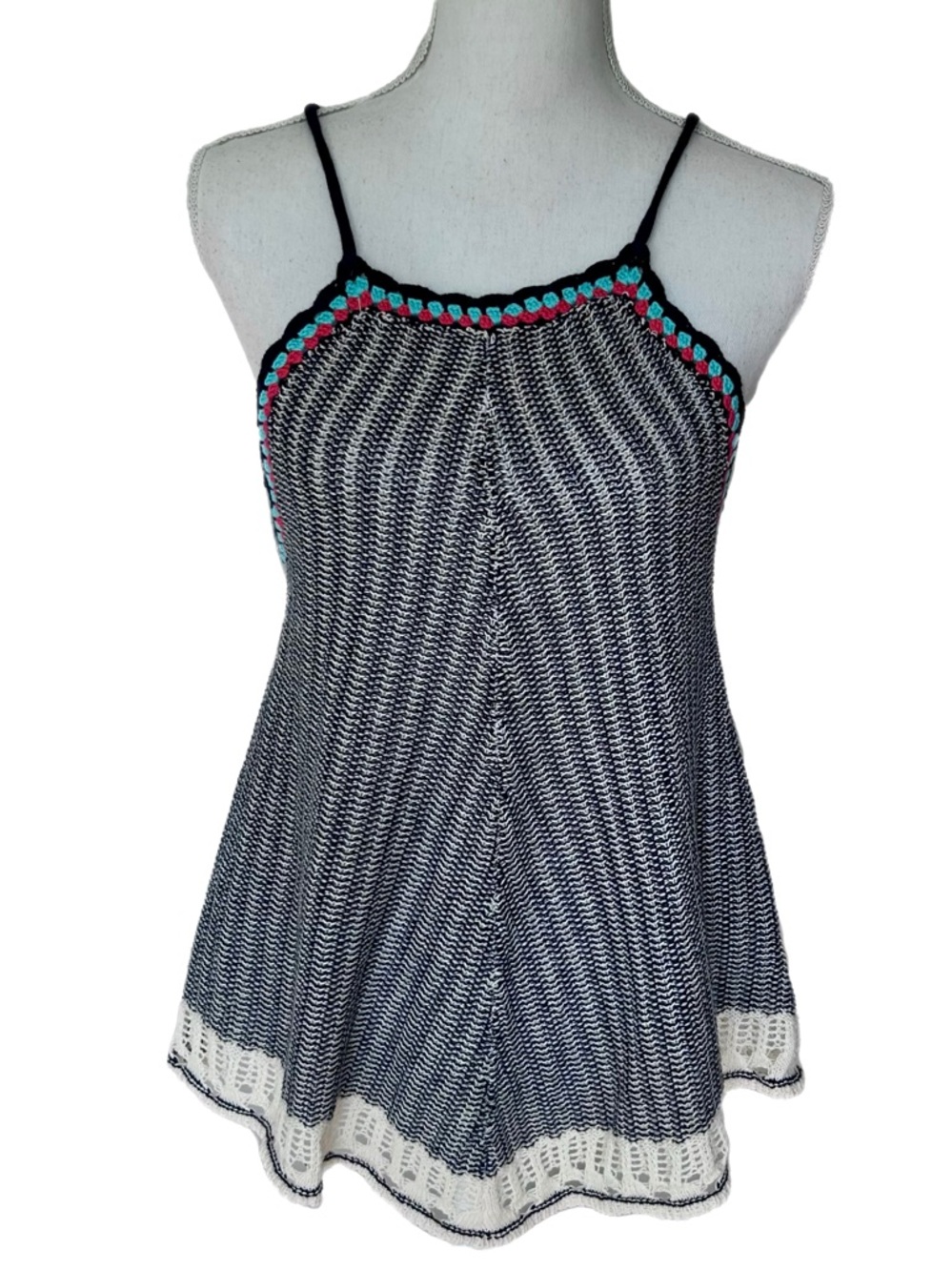Boho Knit Halter Top Navy Medium Crochet Trim Soft 100% Cotton Festival A-line